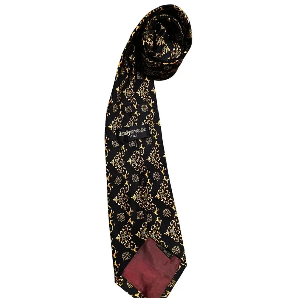 Dandy Cravatte‎ Italy 100% Silk Ornate Medallion Necktie Navy Gold